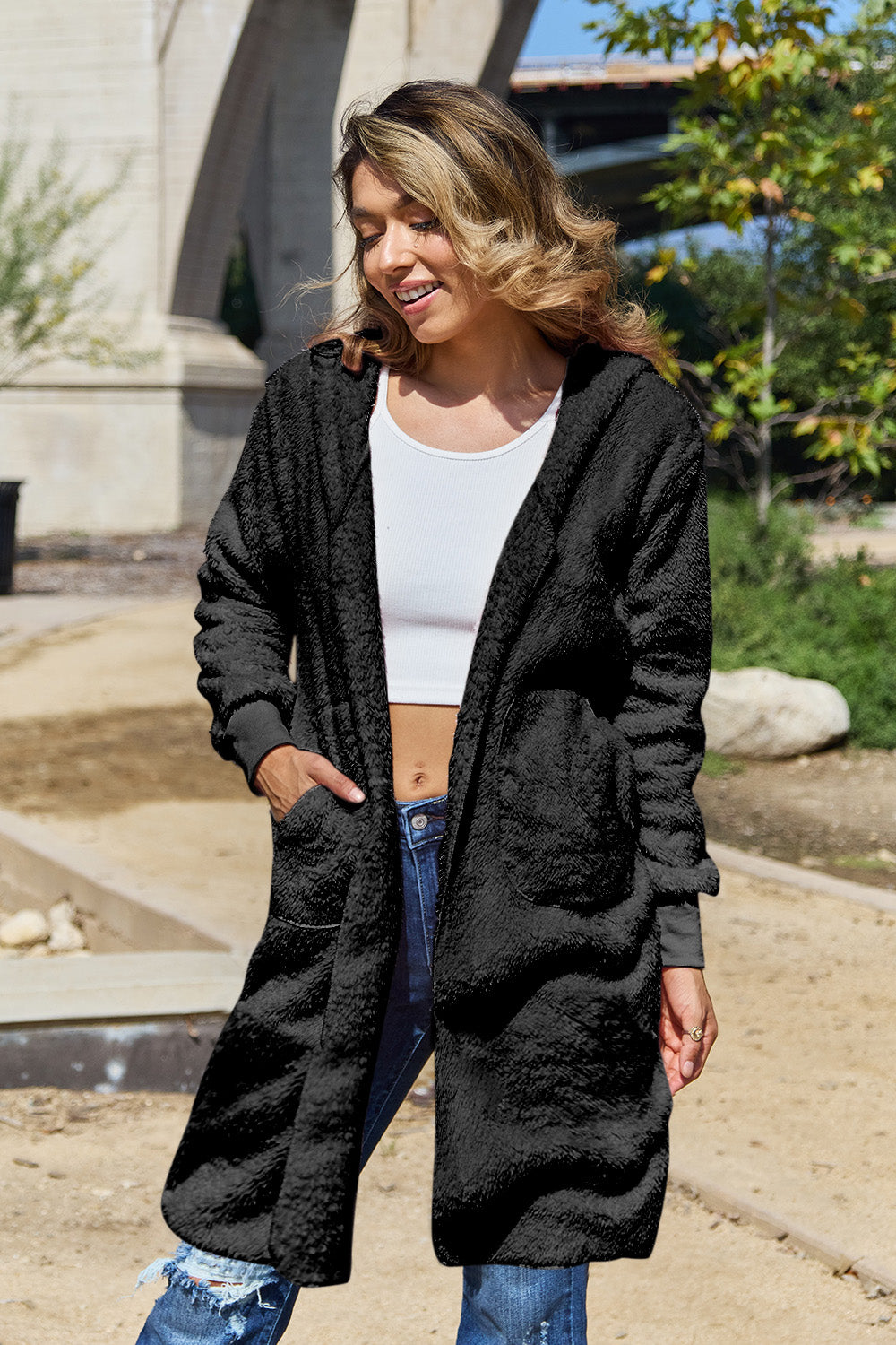 Double Take Full Size Hooded Teddy Bear Jacket with Thumbholes - ClassiQ
