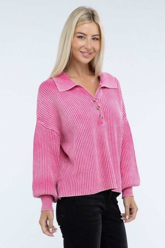Washed Collared Henley Sweater - Classique Collection