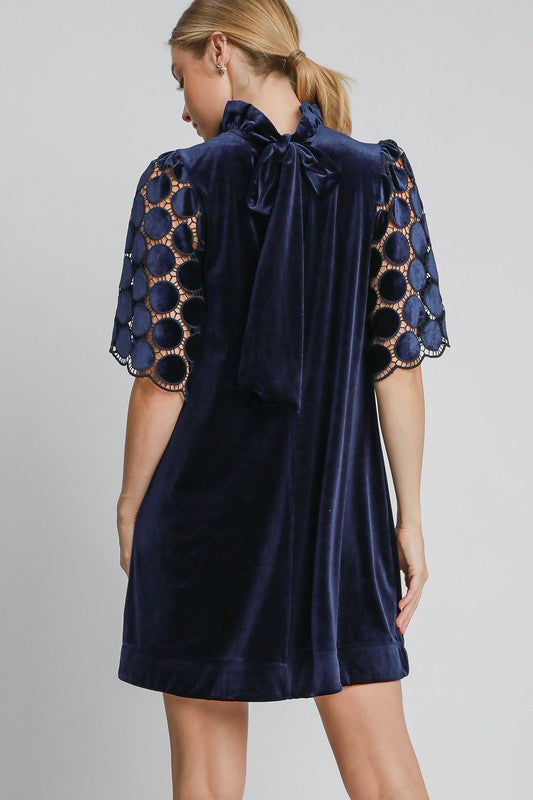 Umgee Dotted Lace Half Sleeve Mock Neck Back Tie Velvet Dress - Classique Collection