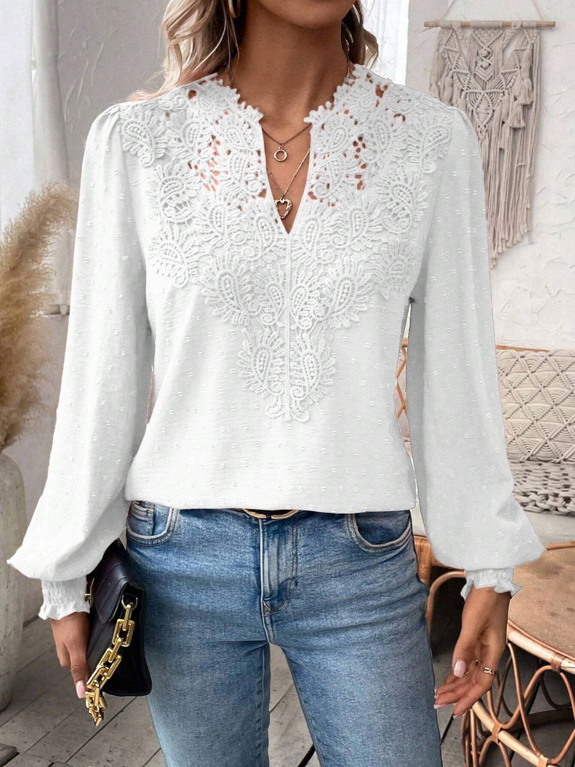 Swiss Dot Lace Detail Notched Long Sleeve Blouse - Classique Collection