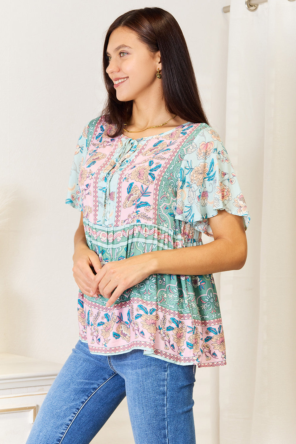 Perfee Floral Tie Neck Short Sleeve Blouse - Classique Collection