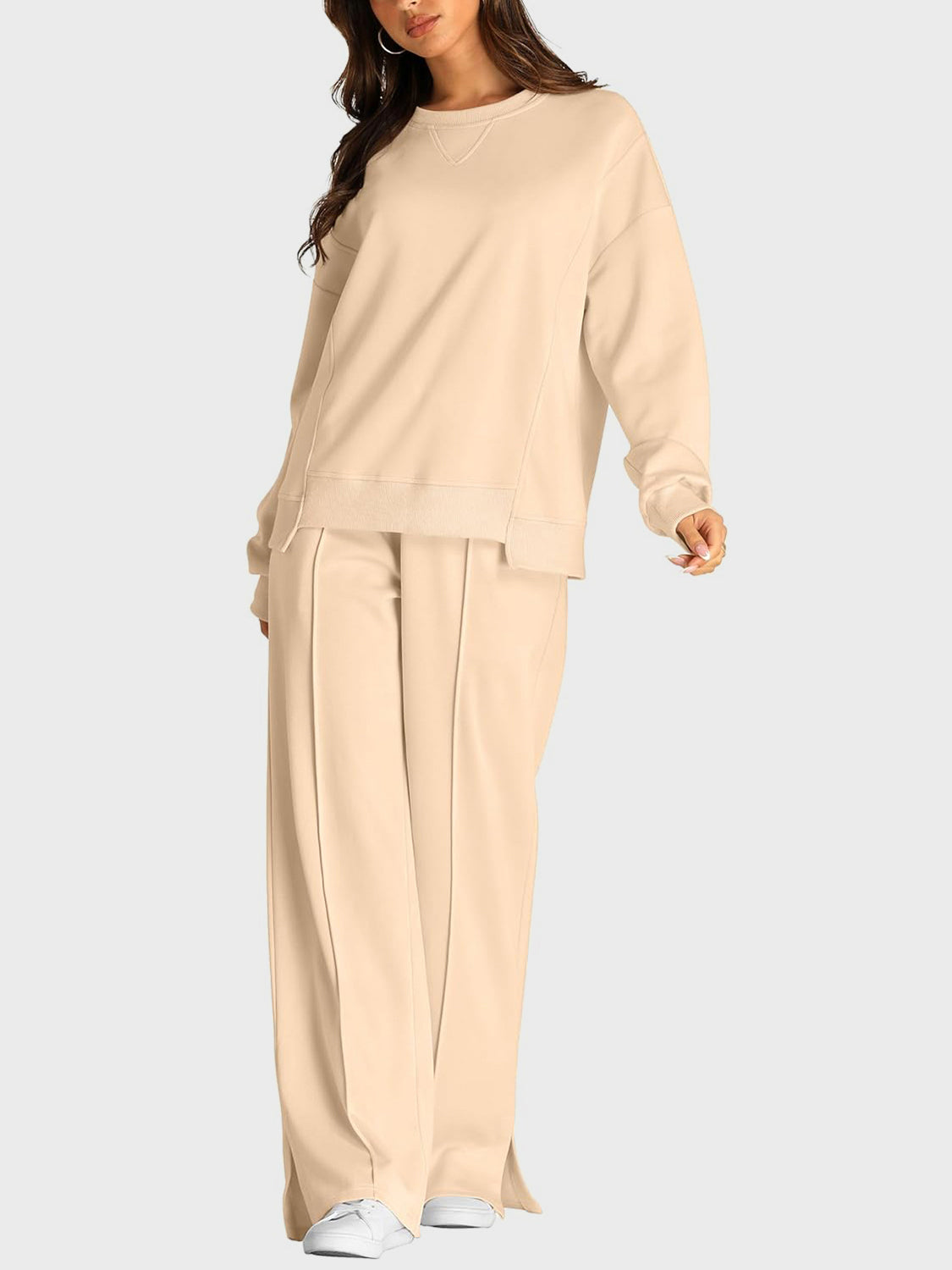 Round Neck Long Sleeve Top and Slit Pants Set - ClassiQ