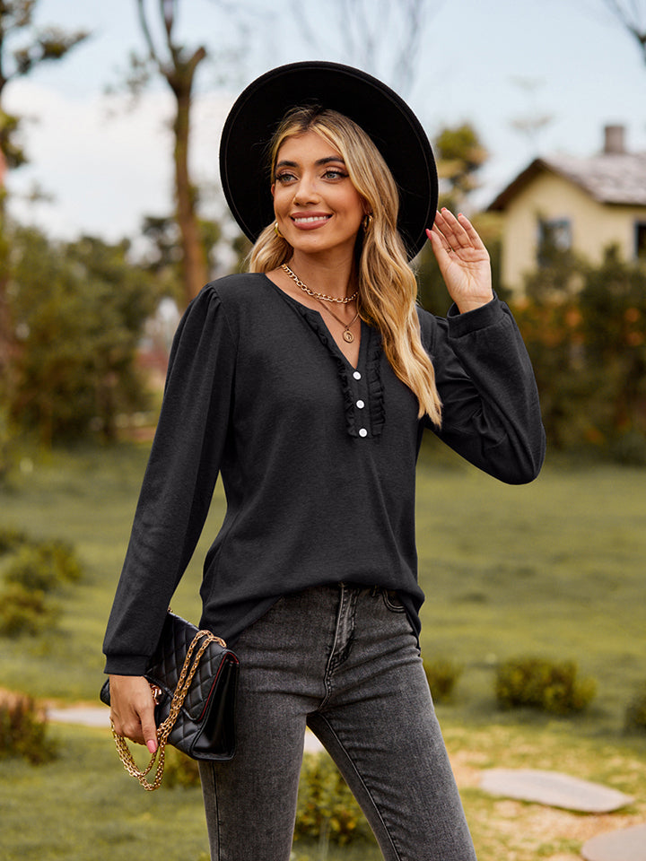 Puff Sleeve Ruffle Trim Blouse - Classique Collection
