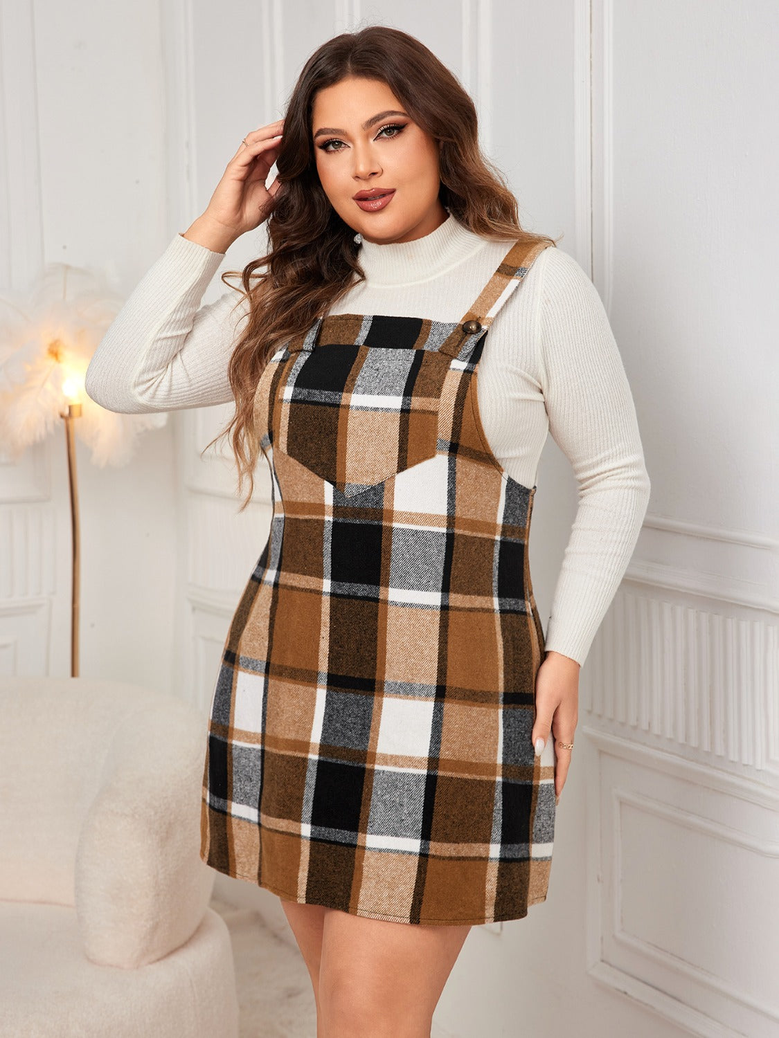 Honey Plus Size Plaid Wide Strap Overall Dress - Classique Collection