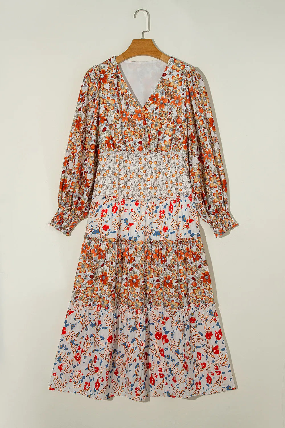 Full Size Printed V-Neck Lantern Sleeve Midi Dress - Classique Collection