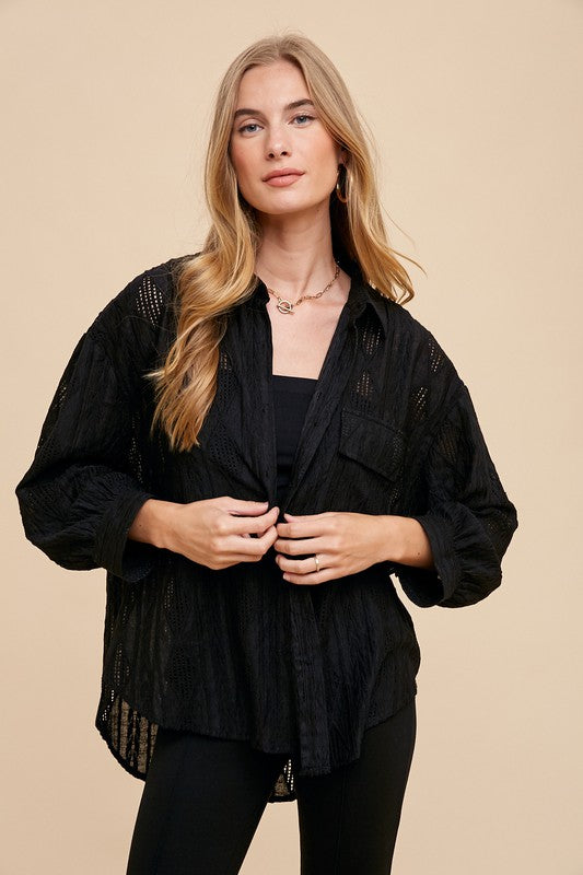 Annie Wear Openwork Button Down Drop Shoulder Shirt - ClassiQ