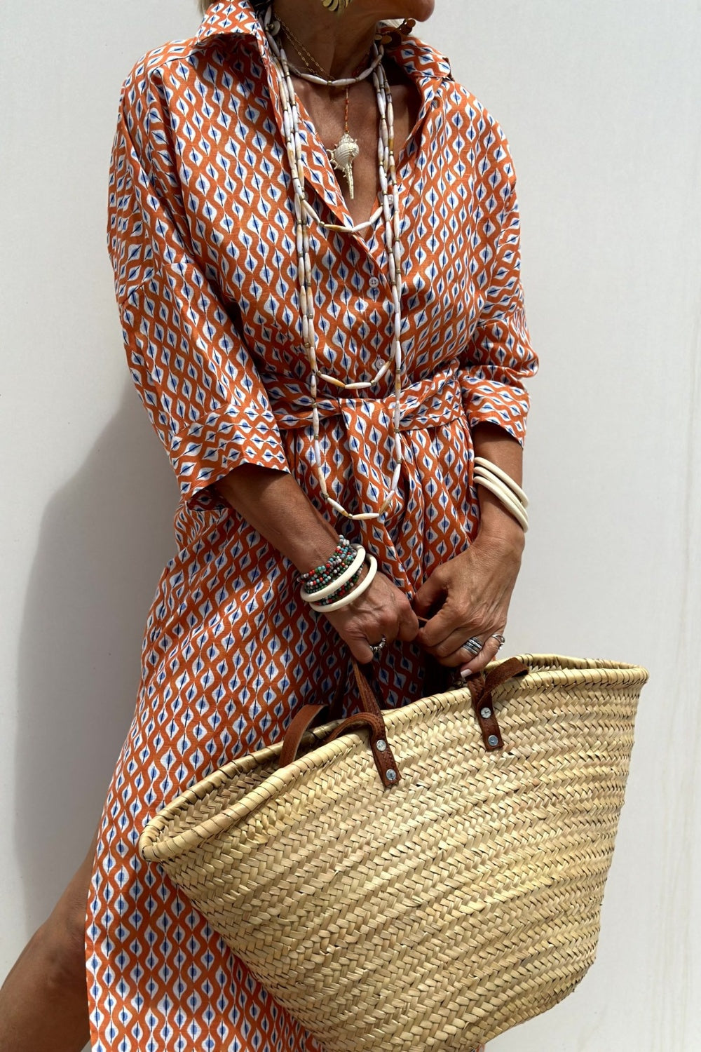 Slit Printed Collared Neck Three-Quarter Sleeve Midi Shirt Dress - Classique Collection