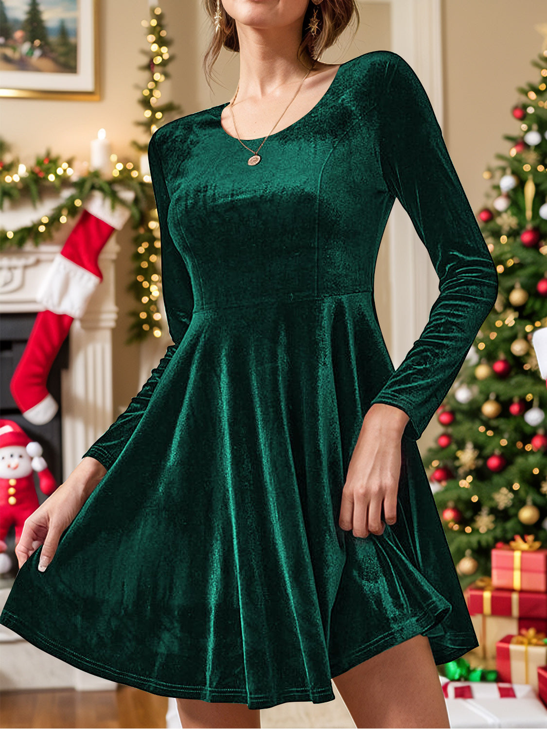 Round Neck Long Sleeve Knee Length Dress - Classique Collection