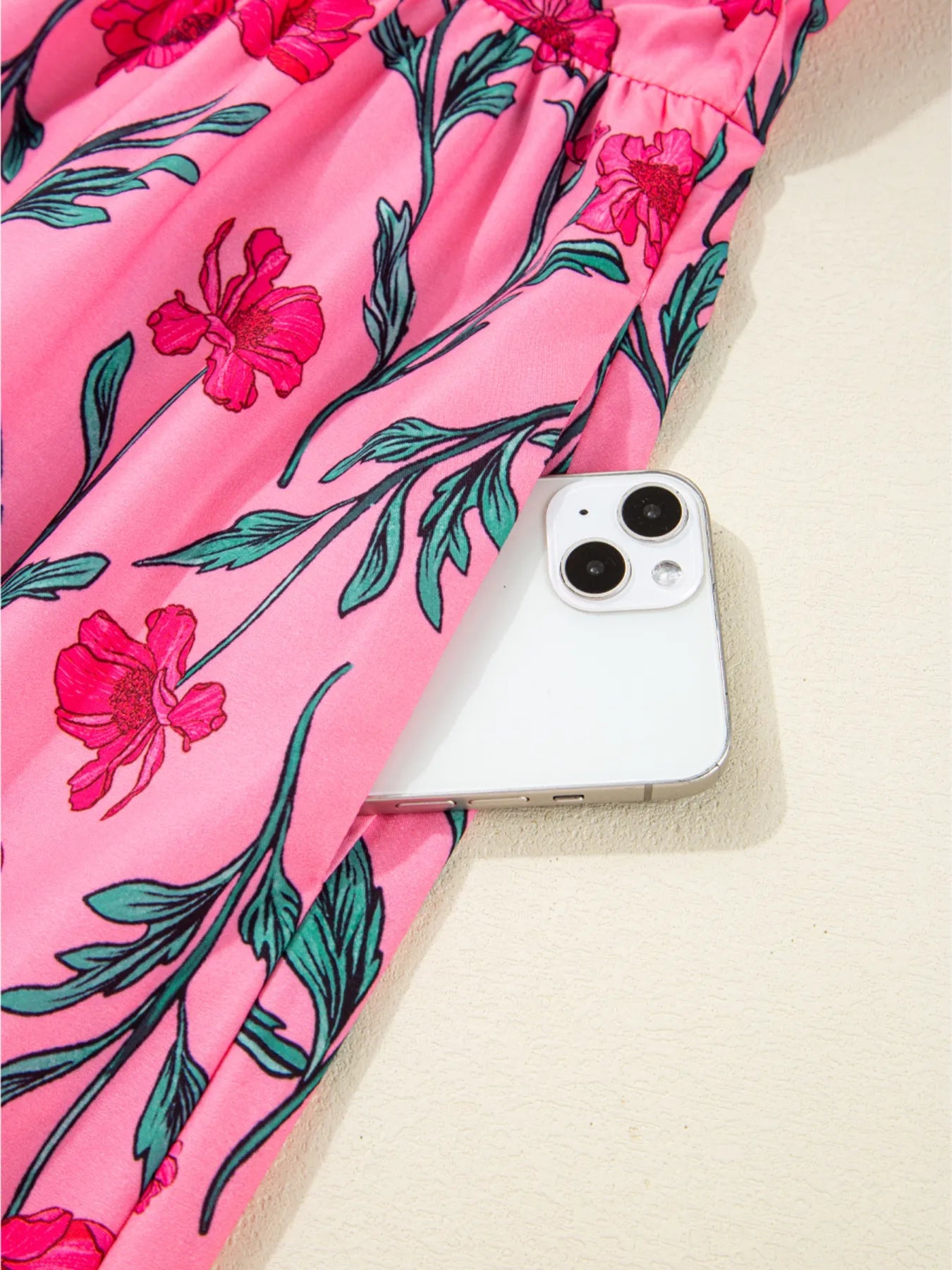 Floral Contrast Neckline A - line Puff Sleeve Dress