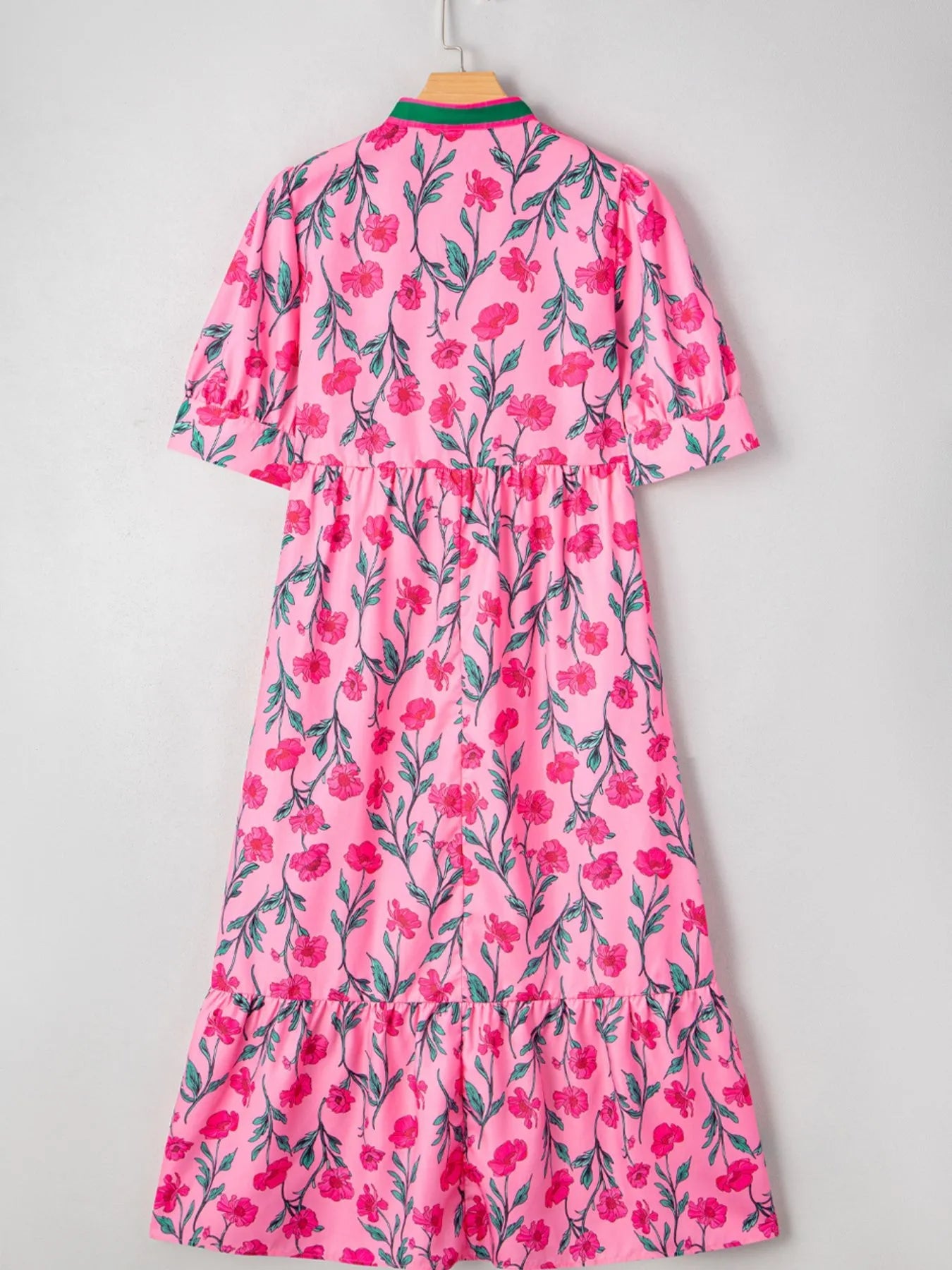 Floral Contrast Neckline A - line Puff Sleeve Dress
