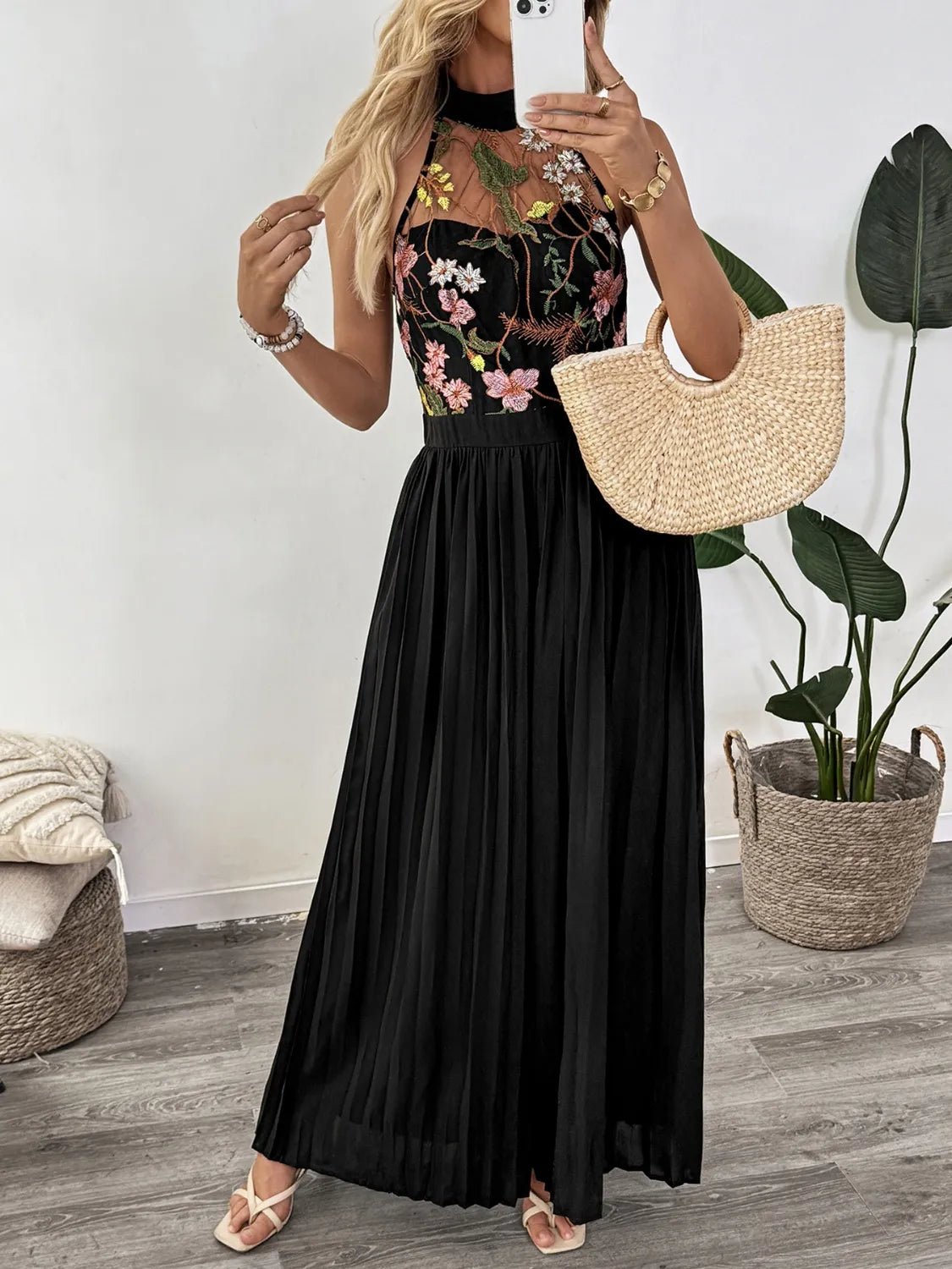 Floral Embroidered Halter Neck Pleated Jumpsuit