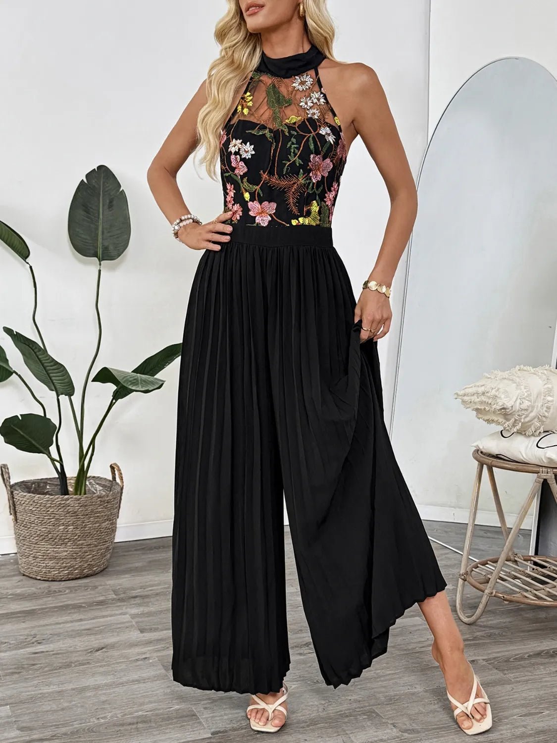 Floral Embroidered Halter Neck Pleated Jumpsuit