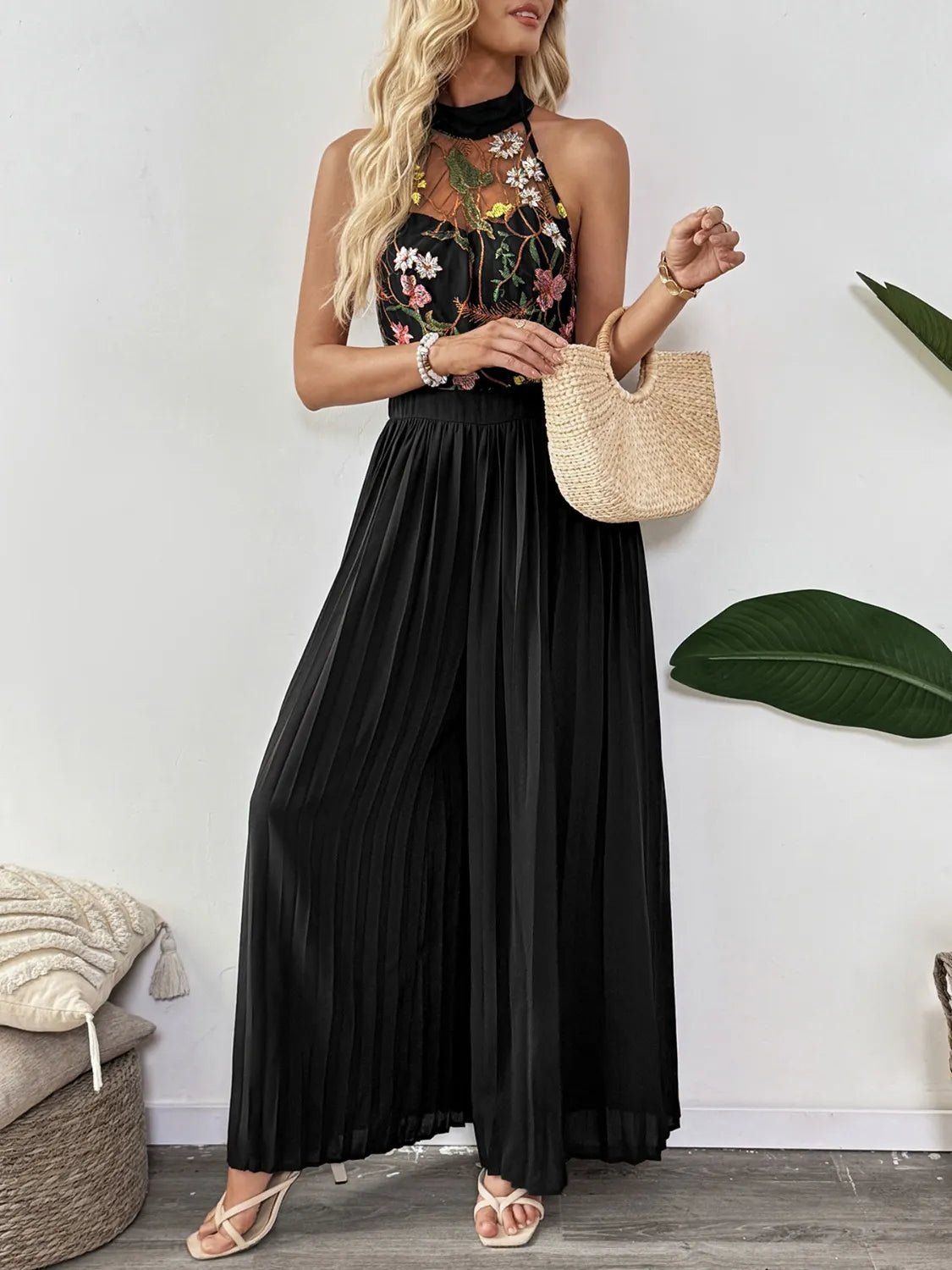Floral Embroidered Halter Neck Pleated Jumpsuit