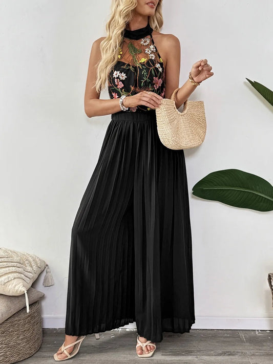 Floral Embroidered Halter Neck Pleated Jumpsuit