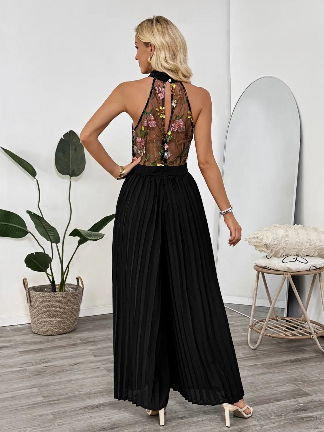 Floral Embroidered Halter Neck Pleated Jumpsuit