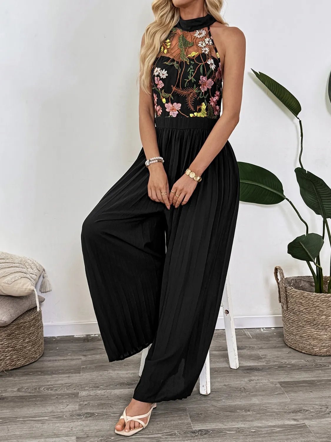 Floral Embroidered Halter Neck Pleated Jumpsuit