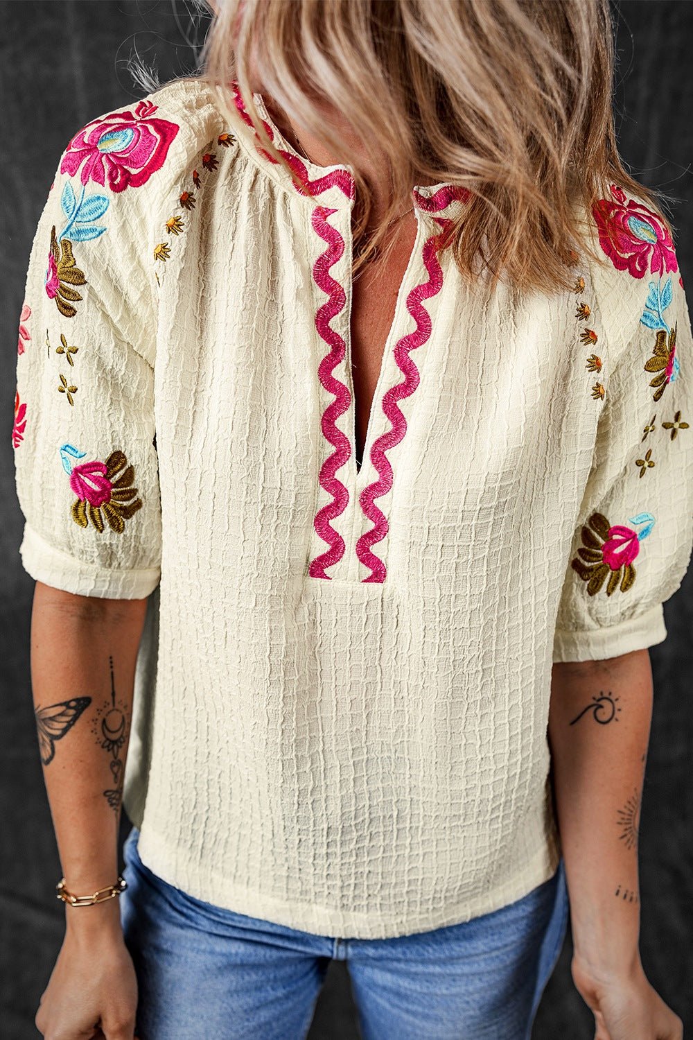 Floral Embroidered Notched Puff Sleeve Blouse