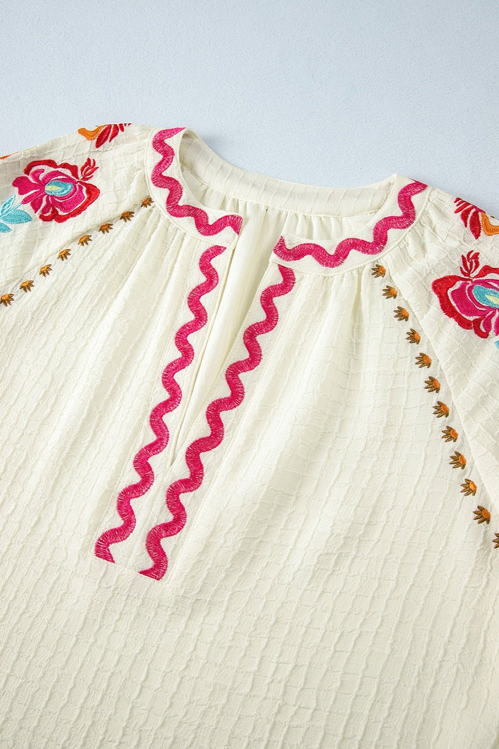 Floral Embroidered Notched Puff Sleeve Blouse