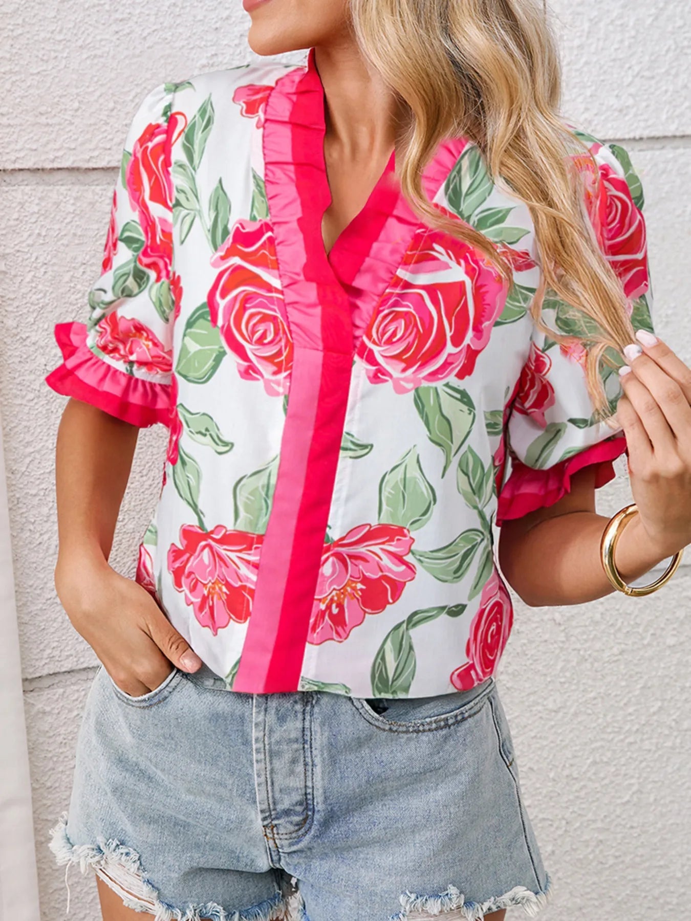 Floral Frilled V Neck Short Sleeve Blouse
