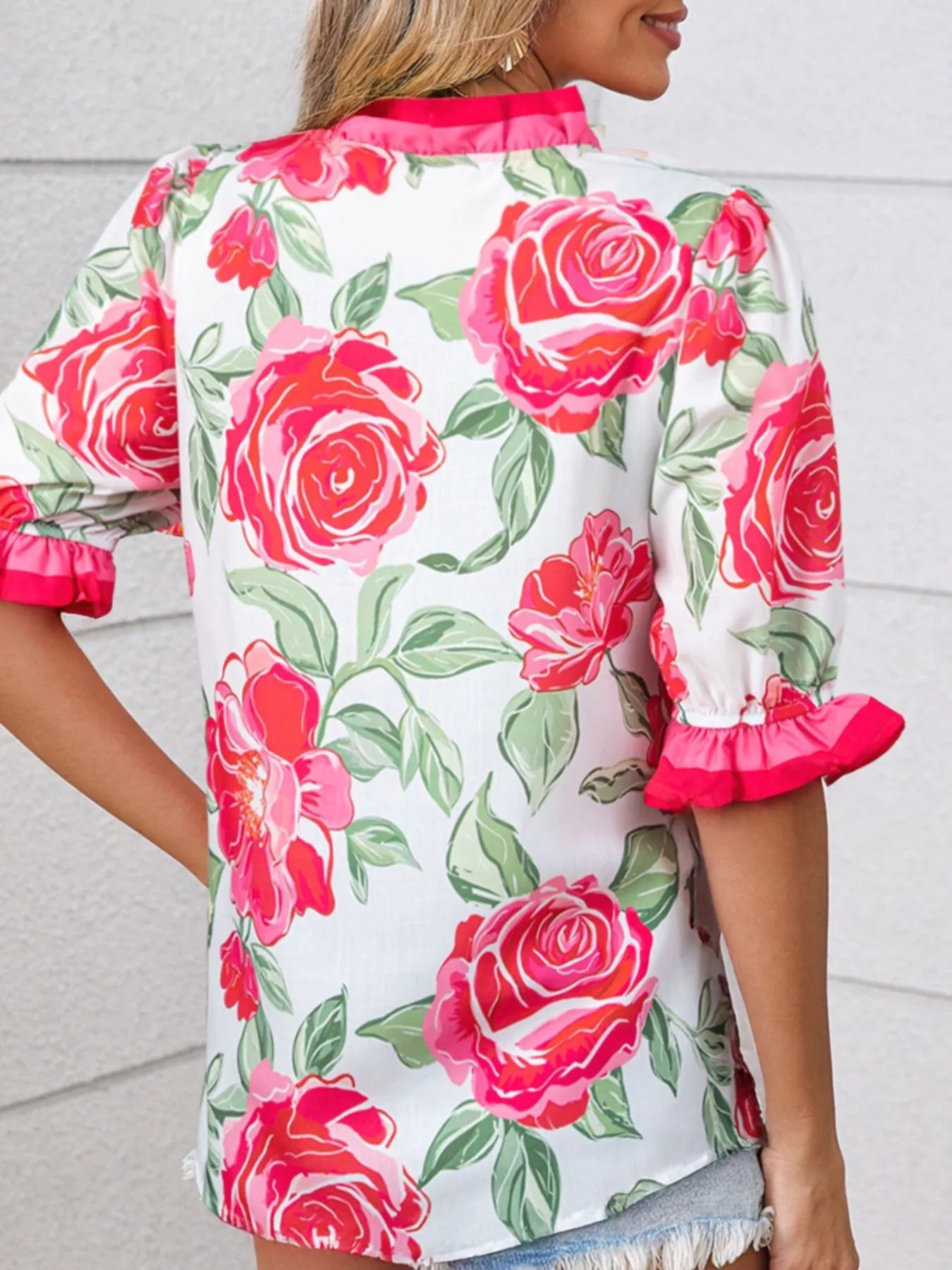Floral Frilled V Neck Short Sleeve Blouse