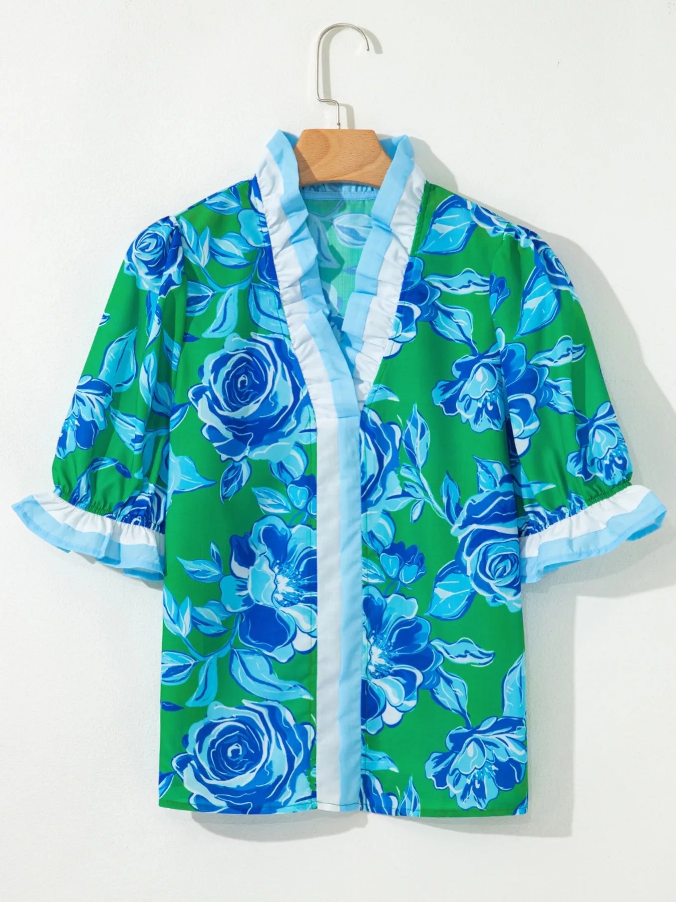 Floral Frilled V Neck Short Sleeve Blouse