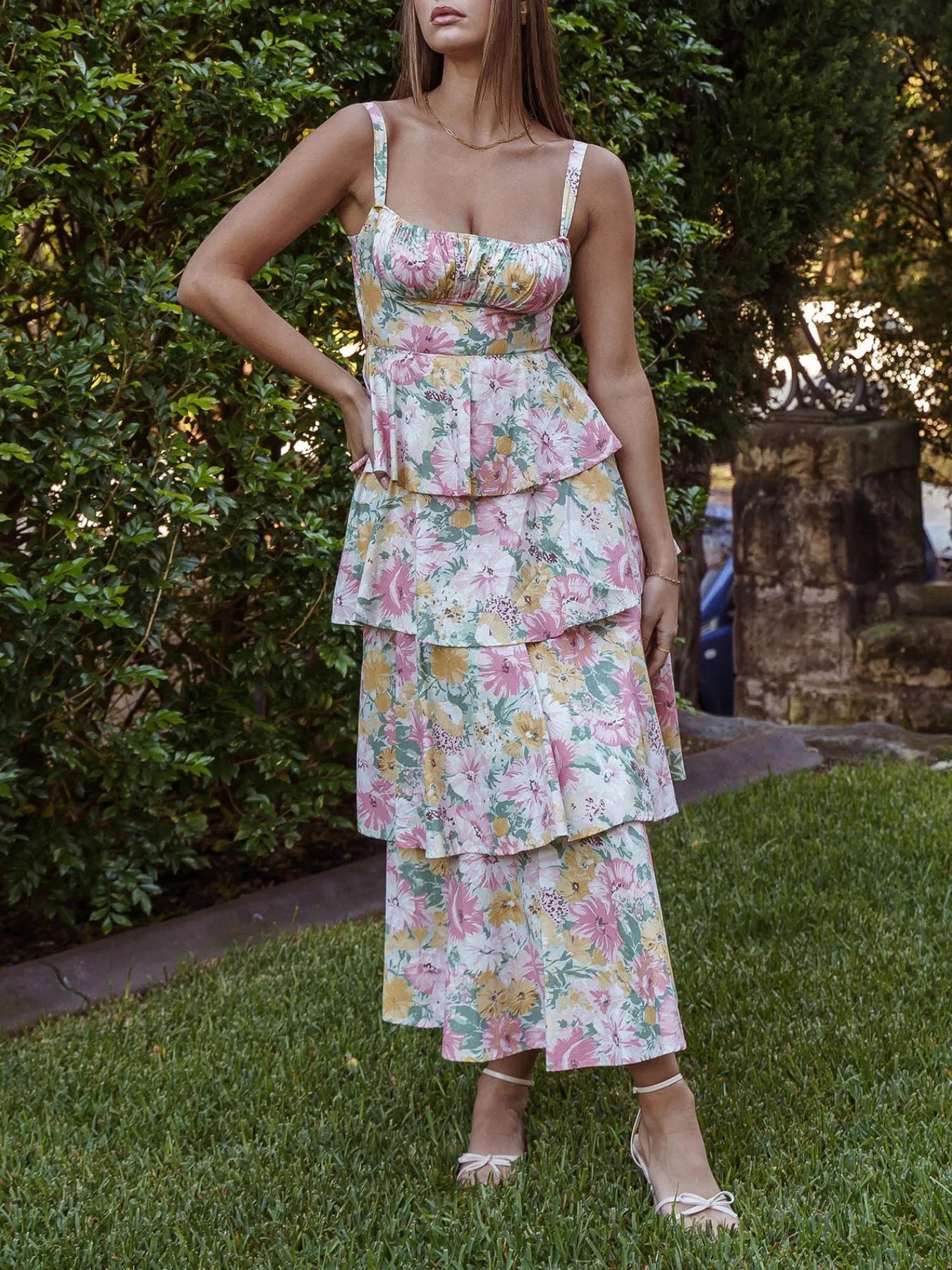 Floral Layered Ruffle Maxi Dress