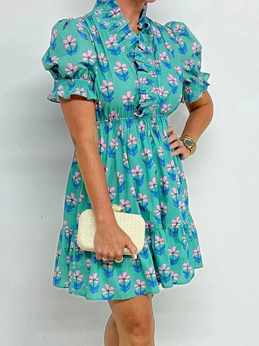 Floral Print Puff Sleeve Shirt Dress