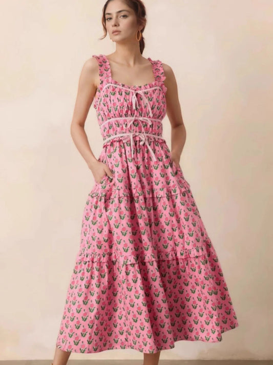 Floral Print Ruffled Midi Dress with Pockets