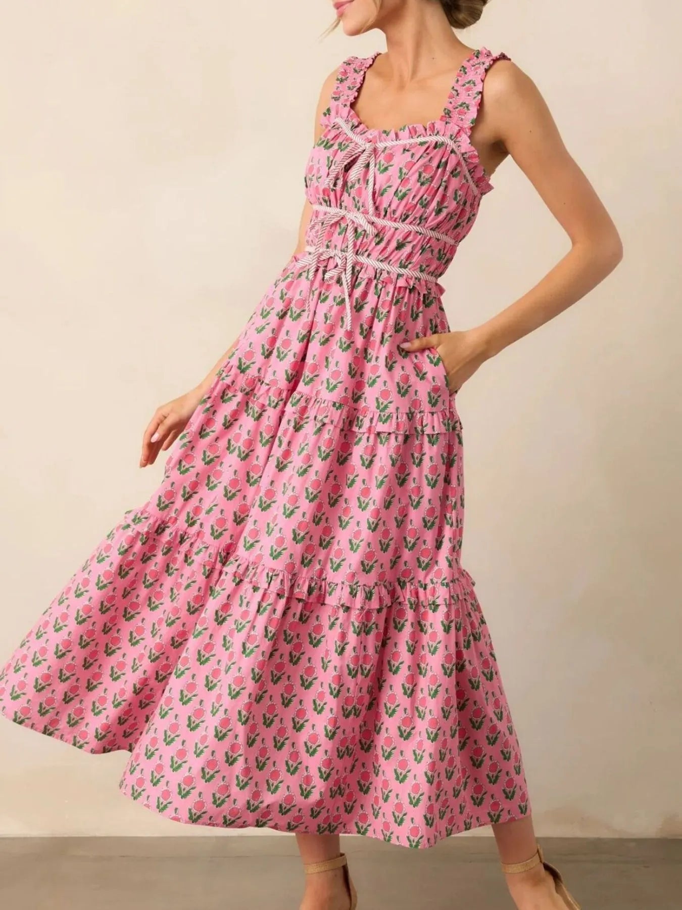 Floral Print Ruffled Midi Dress with Pockets