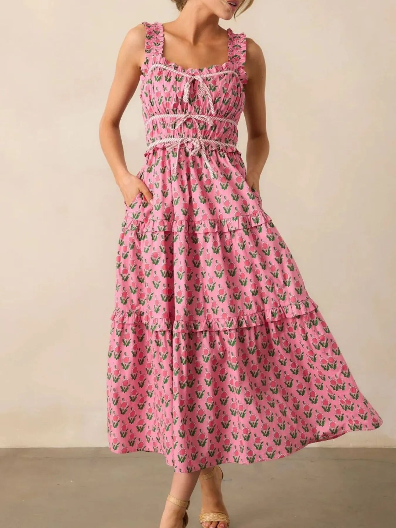Floral Print Ruffled Midi Dress with Pockets