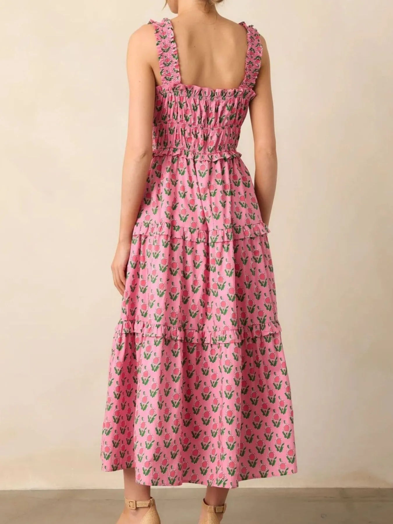 Floral Print Ruffled Midi Dress with Pockets
