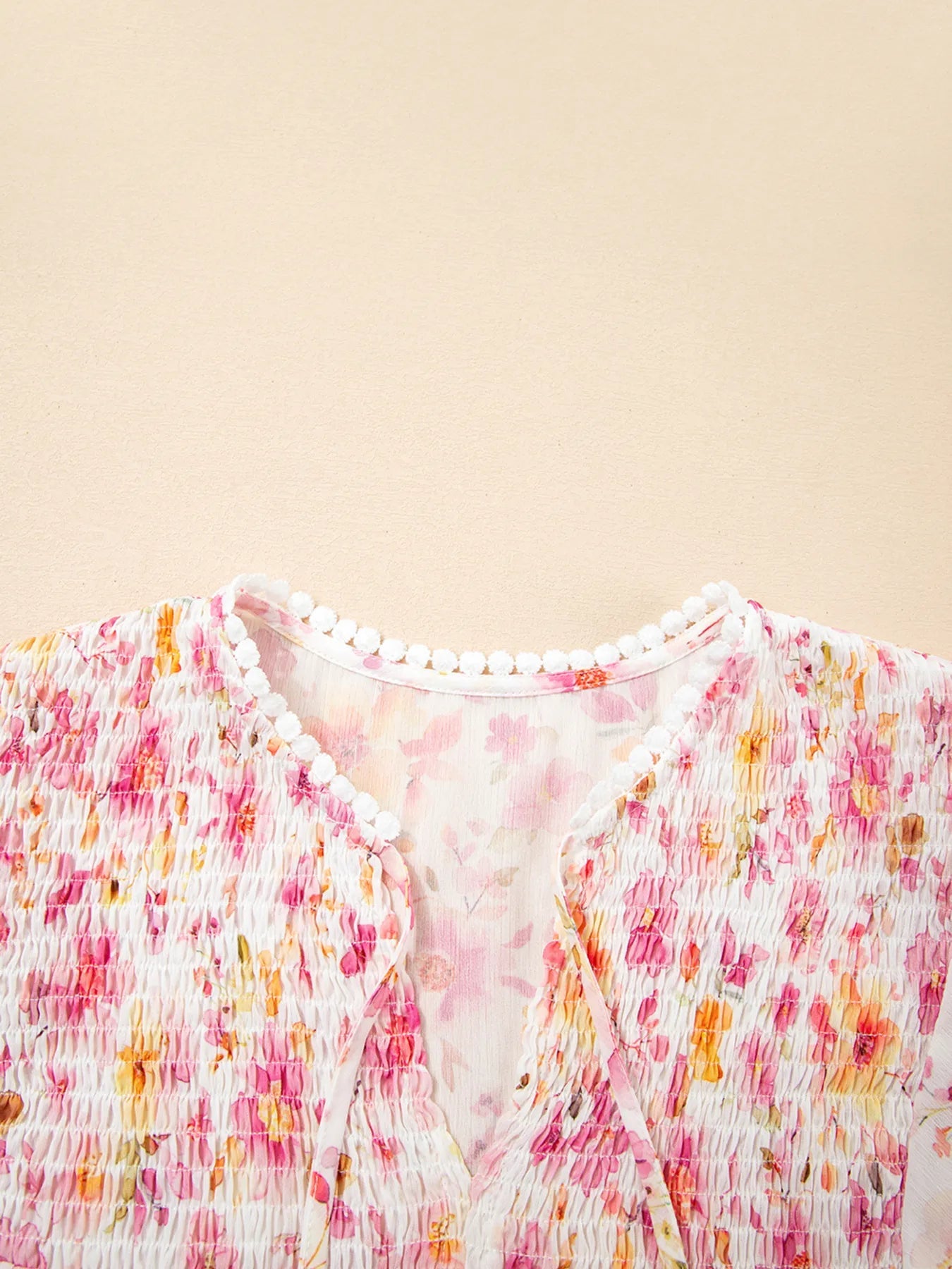 Floral Print Tassel Tie Smocked Puff Sleeve Blouse