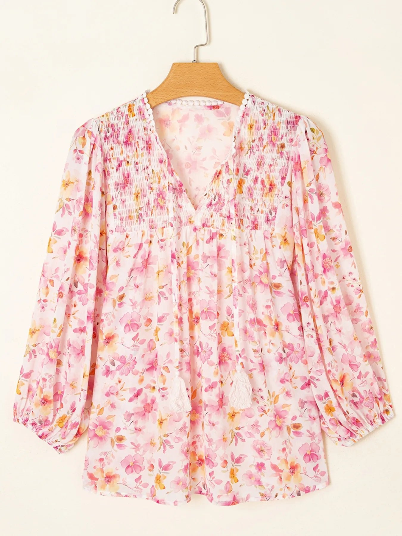 Floral Print Tassel Tie Smocked Puff Sleeve Blouse