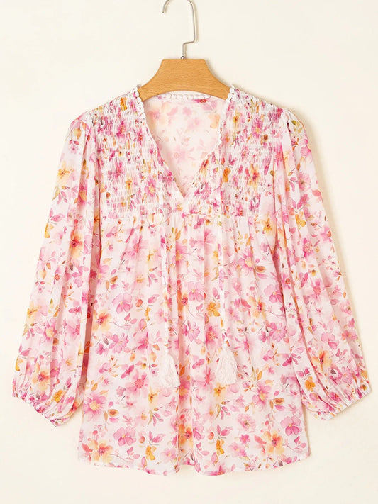 Floral Print Tassel Tie Smocked Puff Sleeve Blouse