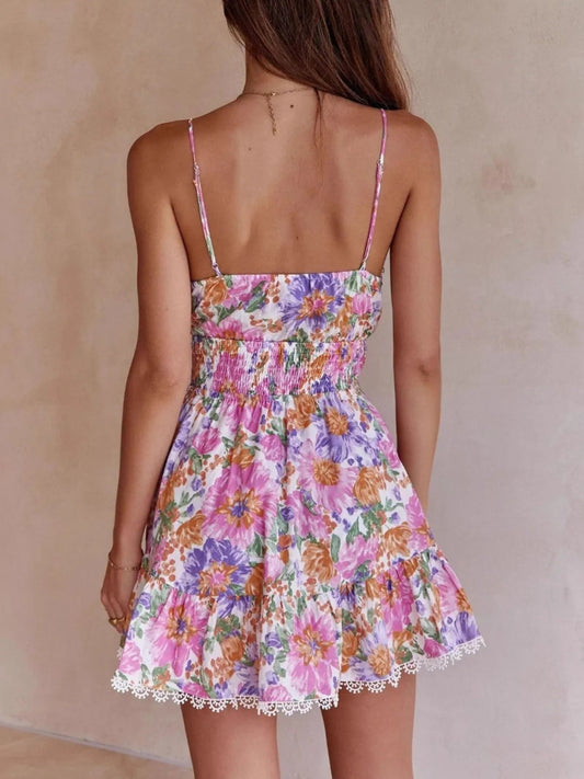 Floral Print Tie - Front Cami Dress with Lace Trim