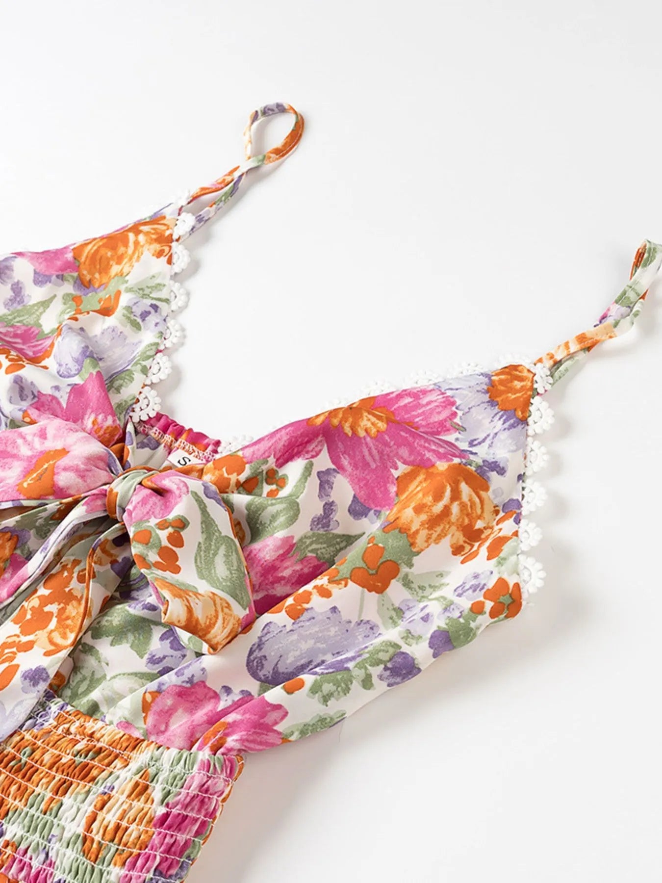 Floral Print Tie - Front Cami Dress with Lace Trim