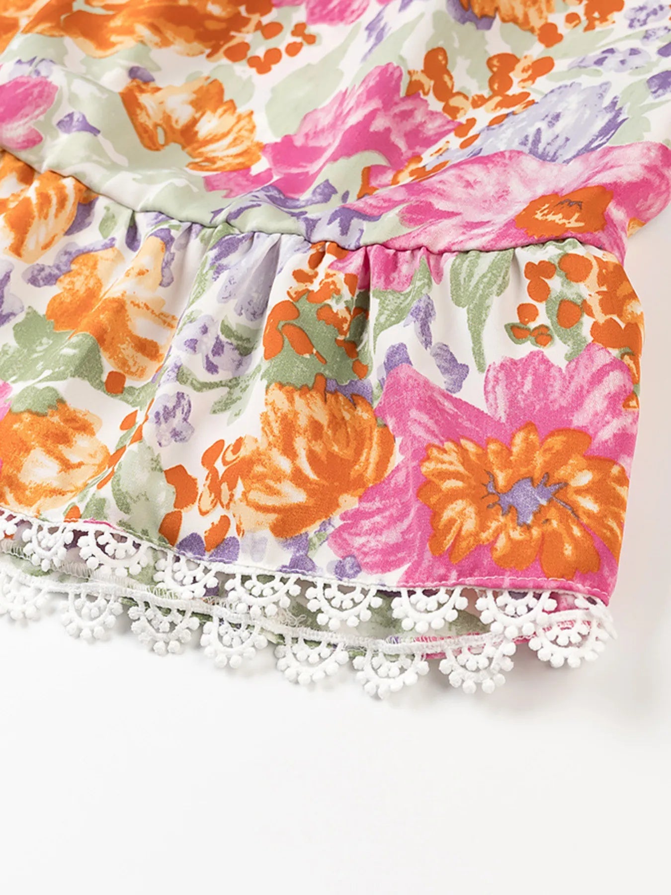 Floral Print Tie - Front Cami Dress with Lace Trim