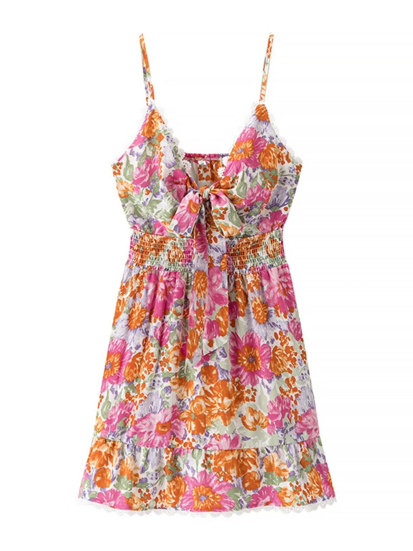 Floral Print Tie - Front Cami Dress with Lace Trim