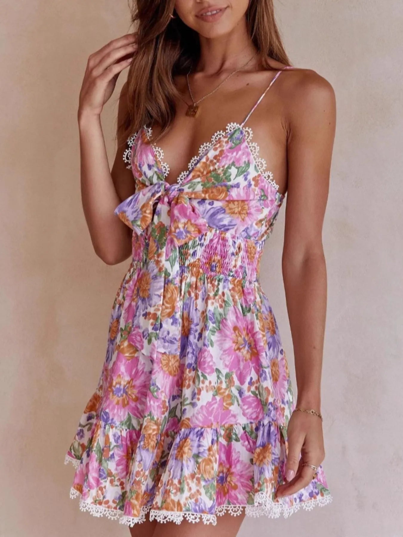 Floral Print Tie - Front Cami Dress with Lace Trim