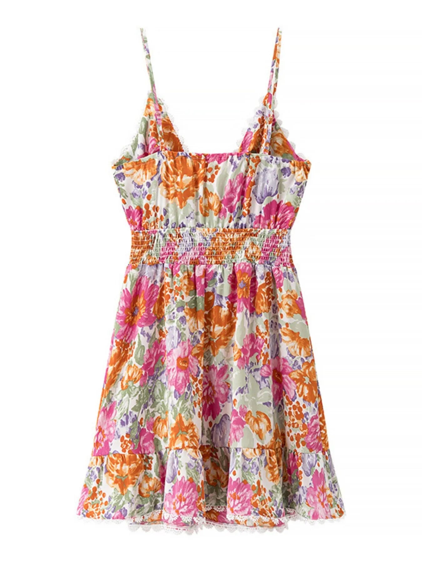 Floral Print Tie - Front Cami Dress with Lace Trim