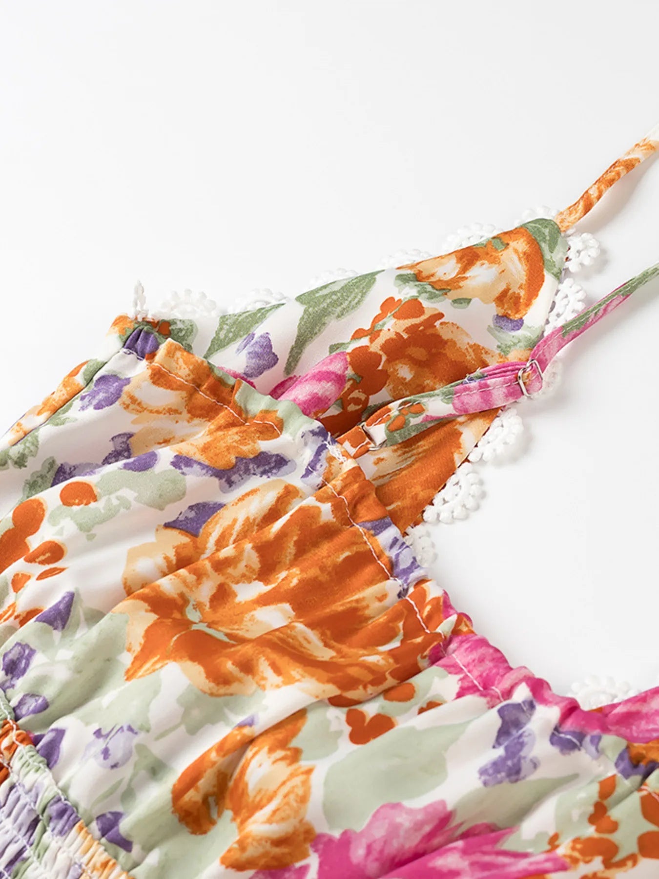 Floral Print Tie - Front Cami Dress with Lace Trim