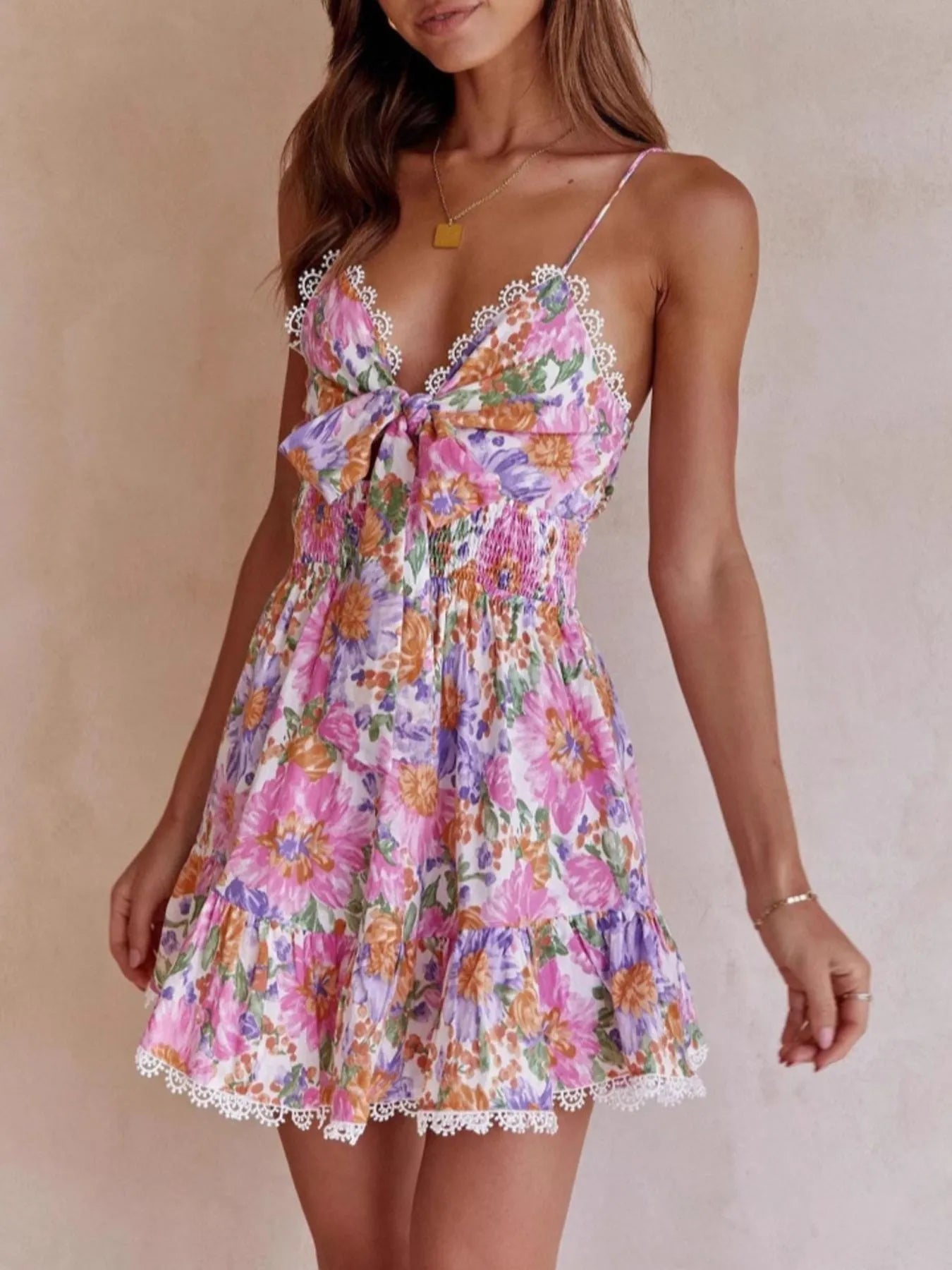 Floral Print Tie - Front Cami Dress with Lace Trim