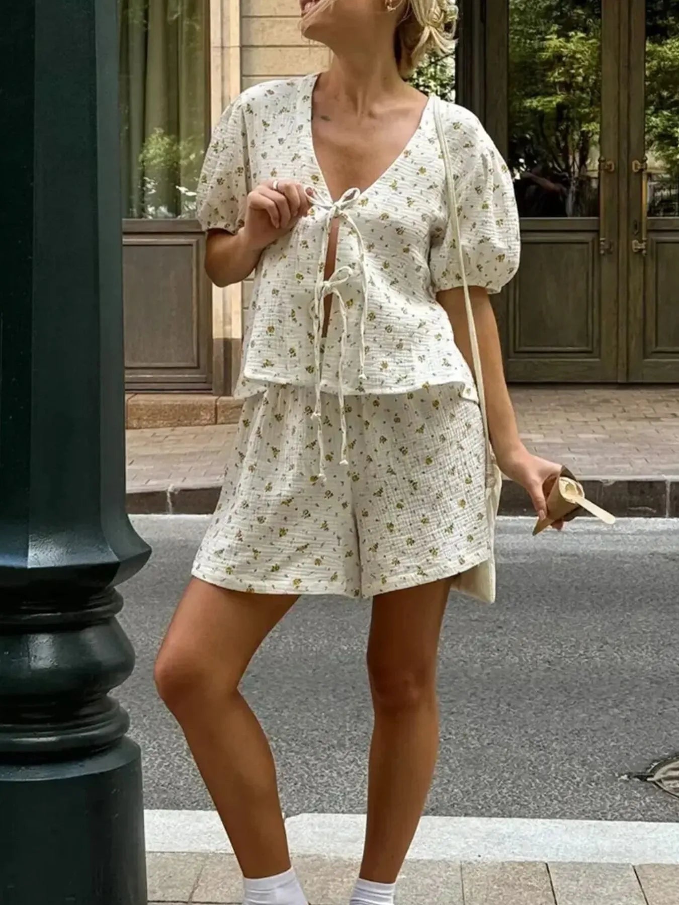 Floral Print Tie - Front Top and Shorts Set