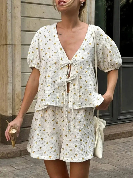 Floral Print Tie - Front Top and Shorts Set
