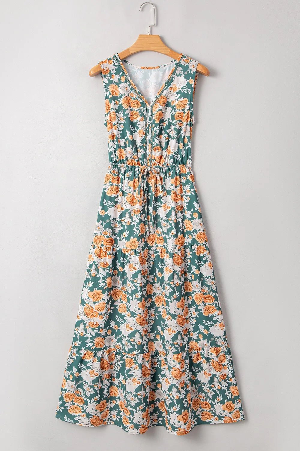Floral Print Trimmed V Neck Tie Waist Sleeveless Dress