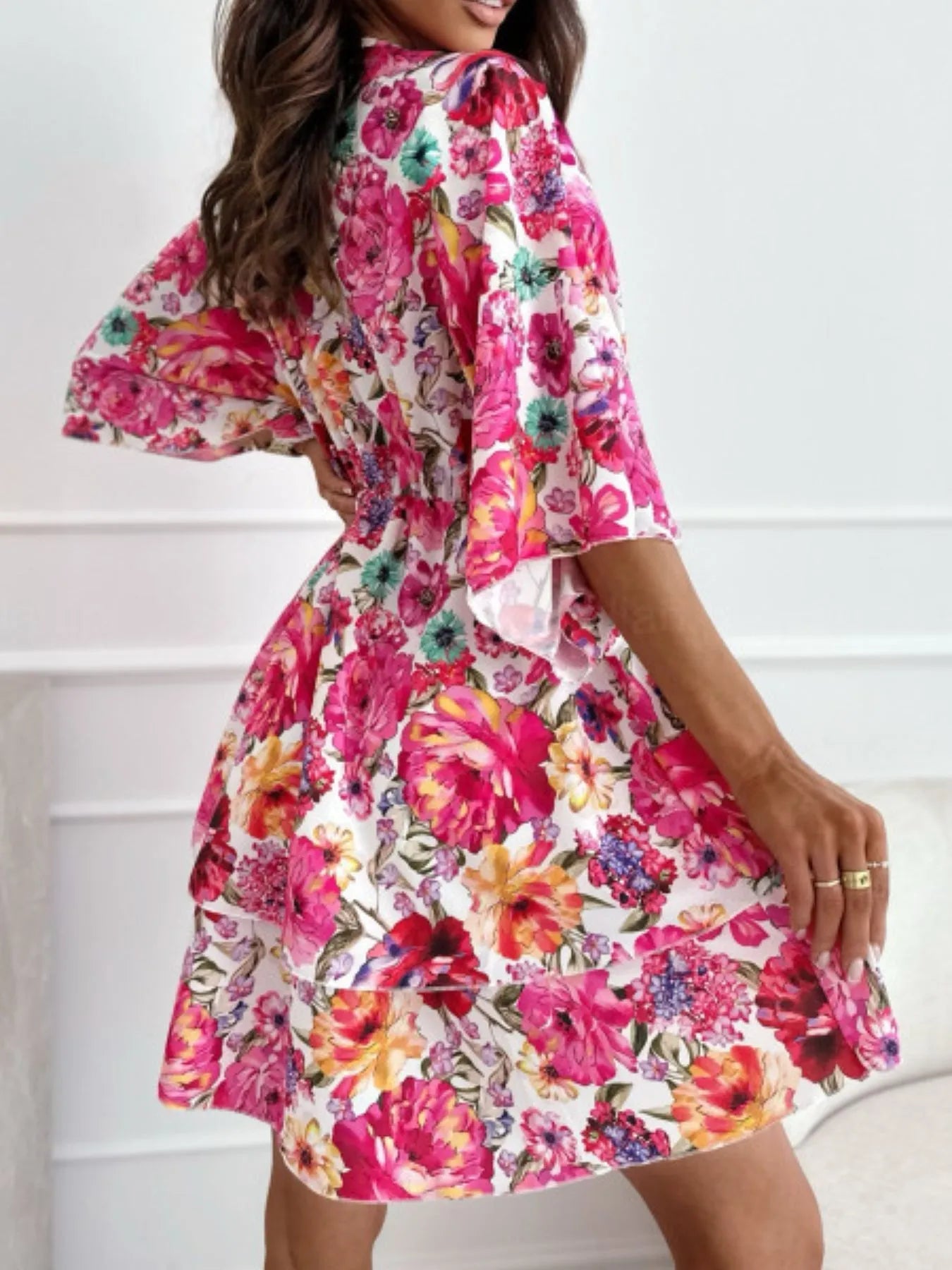 Floral Print V - Neck Ruffle Mini Dress