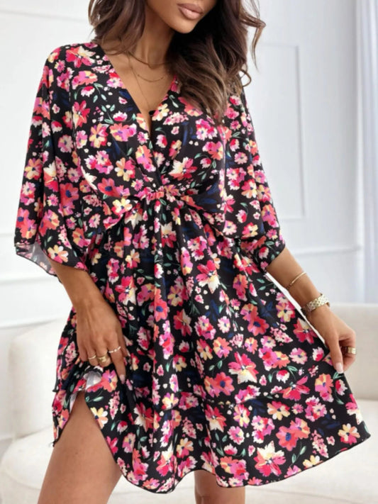 Floral Print V - Neck Ruffle Mini Dress