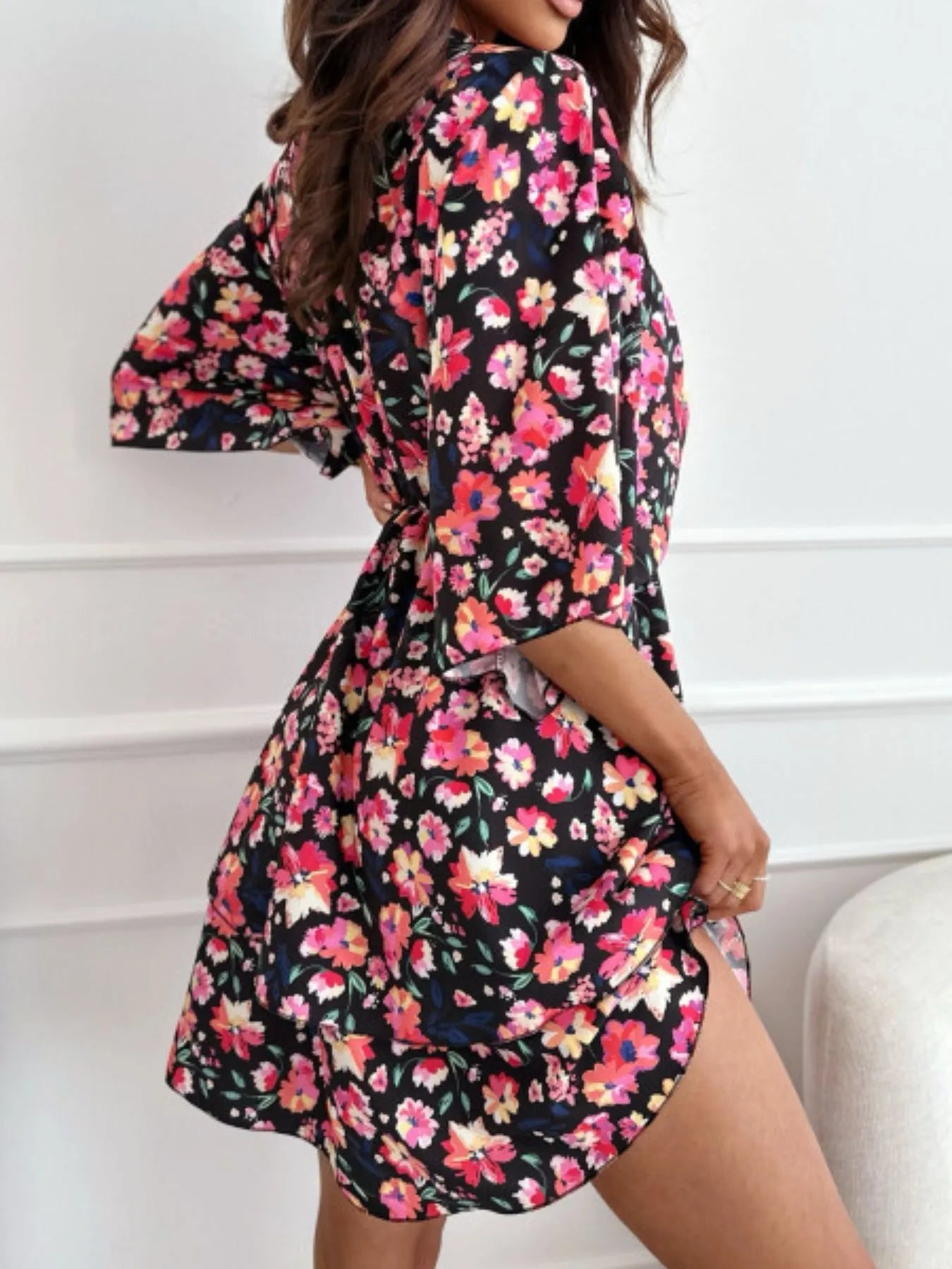 Floral Print V - Neck Ruffle Mini Dress