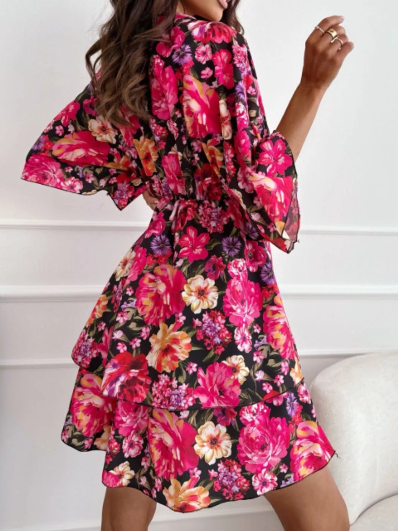 Floral Print V - Neck Ruffle Mini Dress