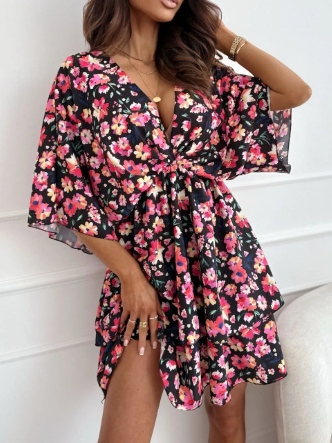 Floral Print V - Neck Ruffle Mini Dress